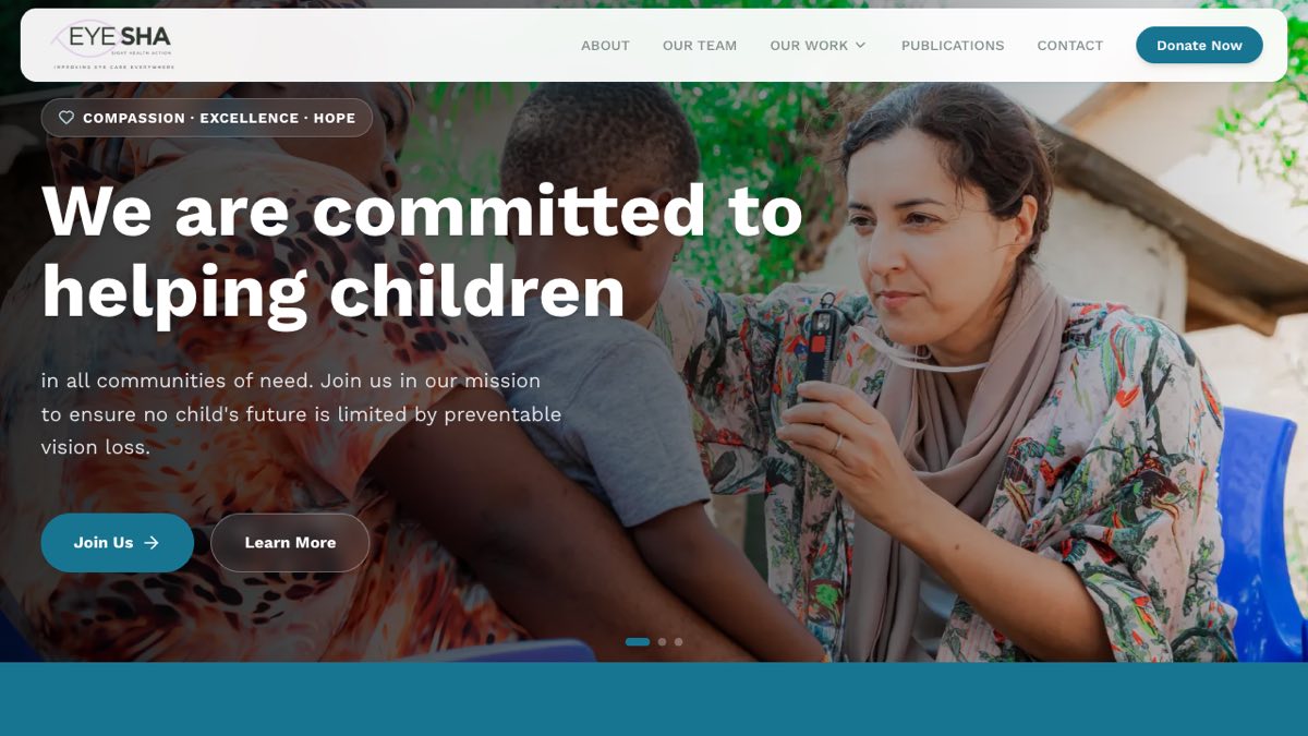 Eyesha homepage with the headline We are committed to helping children and a clinician screening a young child's eyes with a handheld device